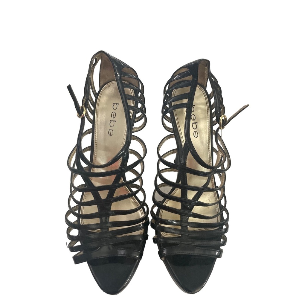 Bebe Strappy Cage Platform Sandals Womens 8M Black Good Patent Gold Accent Heels